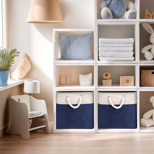 Image of DECOMOMO Cube Storage Bins 13x13 Fabric Bins for Cubby Shelves Closet (Navy Blue & White, 3 Pack)