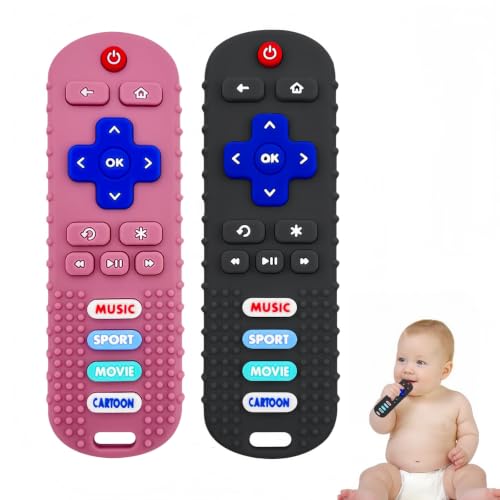 SOLIFEGOBLE 2 Pack Baby Teether Toys Silicone Remote Teether for Babies Baby TV Remote Toys Infant Chew Toys for Babies Chew Toys (Black + Pink)