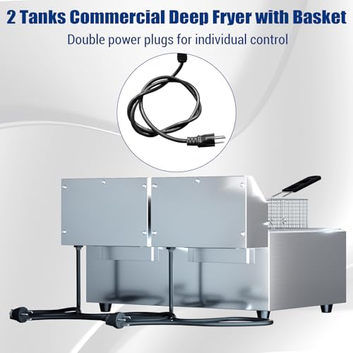Commercial Deep Fryer, 12.6 QT Electric Deep Fryer with Double Basket and Lid, Stainless Steel Deep Fryer with Independent Temperature Control for Restaurant or Home Use, 1500W+1500W