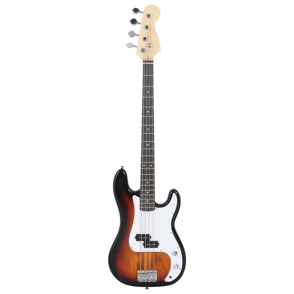 E-Bass für Anfänger 4/4 46 Zoll mit Tasche, Stimmgerät, Audiokabel und Plektrum Set, Birkenholz, Braun Weiß Farbverlauf, Gitarrengurt, Griffbrett für Musikunterricht, Bühne, Schule