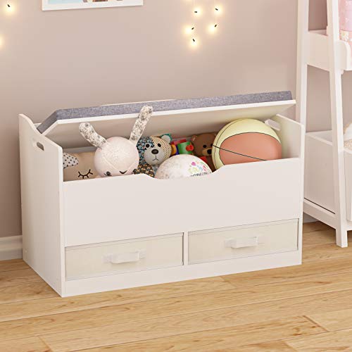 Timy Wooden Toy Box With Bench Seat, Toy Storage Chest With 2 Reversible Baskets And Safety Hinge For Kids, White #TOP4