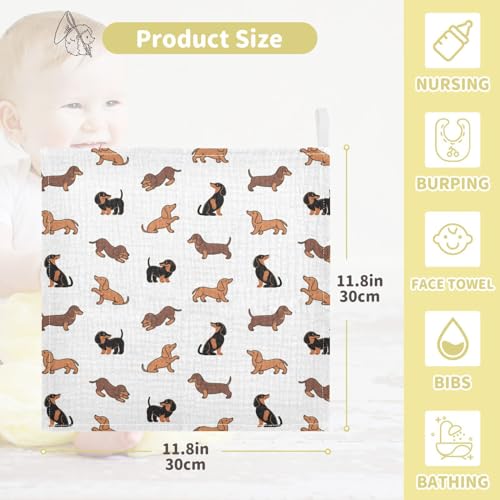 Image of YETTASBIN Dachshund Dog Muslin Baby Hand Washcloths, Soft Cotton Bath Face Towel, 4 Layers Extra Absorbent Feeding Burp Cloth for Newborn Infant, 5 Pack
