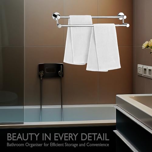Image of Zureni Towel Rod for Bathroom Wall Mount 304 Grade Stainless Steel Double Rail Hanger Multipurpose Stand Bathroom Accessories Home Kitchen Washroom (Pack of 1, Silver, 1029)