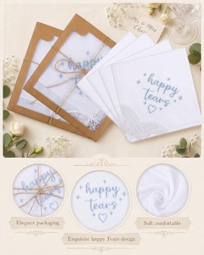 Image of Kinlop 6 /12 Pack Embroidered Wedding Happy Tears Handkerchiefs, 11 inchx11 inch Lace Handkerchiefs, Something Blue Gift for Bride