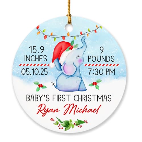 Personalized Elephant Baby Info Christmas Circle Ornament, 2025 Baby Christmas Ornament, 2025 Newborn Baby Gifts, Customized Elephant Babys 1st Year Ornaments Custom Name 2025 Xmas Tree Decoration