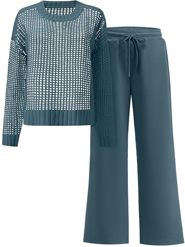 ANRABESS Womens 2 Piece Outfits Crochet Sheer Knit Sweater Top