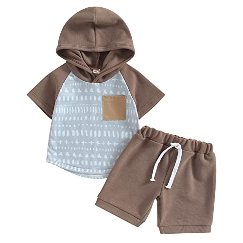 Image of TheFound Toddler Baby Boy Clothes Cotton Patchwork Hooded Tops Shorts Set Summer Casual Outfit 0-3T