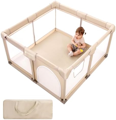 Joypony Laufstall Baby, 127 x 127 cm Laufgitter Baby mit atmungsaktivem 360° Netz, rutschfesten Saugnäpfen, stabiler Spielbereich für Babys und Kleinkinder, Indoor Playpen, Hellbei