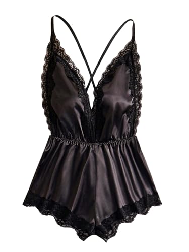 OYOANGLE Women's Satin Nightgowns Lace Deep V Neck Teddy Lingerie Sleeveless Romper Sleepwear