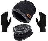 HUNTSMANS ERA Winter Knit Beanie Cap Hat Neck Warmer Scarf and Woolen Gloves Set Skull Cap for Men Women (3 Piece) (Black)
