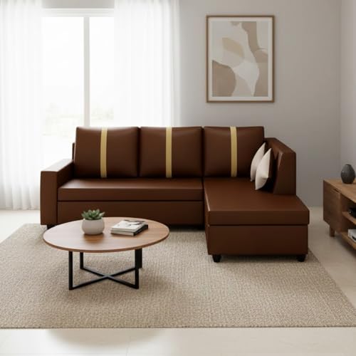 Image of FURNY Nathanoy 4 Seater Leatherette RHS L Shape Sofa Set (Brown) Premium Finish | Ideal for Living Rooms
