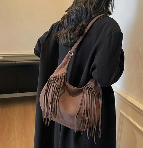 Crescent Shoulder Bag for Women Brown Suede Bags Slouchy Crossbody Purse with Tassel Travel Work Satchel 2025 Fall Winter4