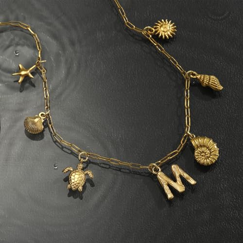 Waterproof Charm Necklace for Women 18K Gold Stainless Steel Beach Seashell Initial Pendant Cute Dainty Trendy Jewelry Gift Paperclip Chain 16+3 Inch2