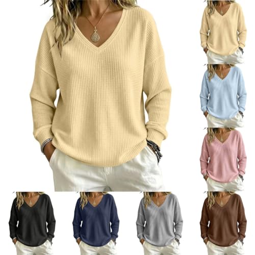 Waffle Knit Tops for Women V Neck Long Sleeve Casual Loose Fit Shirts - image 1