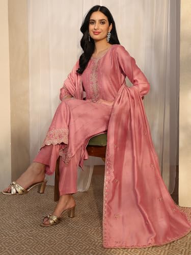 Image of Libas Embroidered Silk Blend Straight Kurta With Trouser and Dupatta