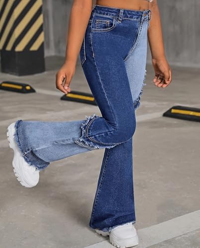 Teen Girls High Waist Patchwork Flare Jeans Stretchy Raw Edge Bell Bottom Denim Pants for Ages 7-112