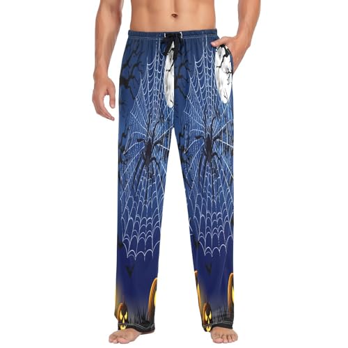 Qilmy Halloween Pumpkins & Spiders Men's Cotton Pajama Pants, Lightweight Lounge Sleepwear with Drawstring and Pocket