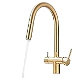 KLARWERK® "Jana" ausziehbare 3-Wege Armatur Edelstahl Gold gebürstet | Filter Trinkwasser Wasserhahn Küche | Mischbatterie U-Auslauf 3 Anschlüsse