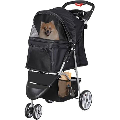 Foldable Pet Stroller for Cats and Dogs 3 Wheels Carrier Strolling Cart with Weather Cover, Storage Basket + Cup Holder (Black) Cover