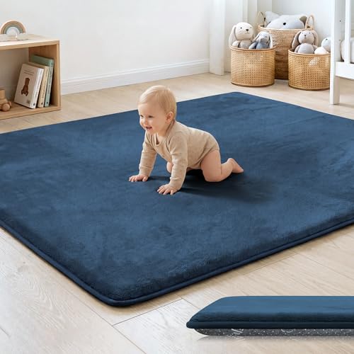 Image of 1.3 inch Thick Baby Floor Play Mat 59x79, Basic Padded Foam Mat for Tummy Time Crawling, Non Slip Cushioned for Babies Toddlers Infants Kids (Blue)