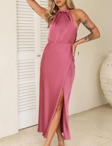 Image of 2026 Summer Satin Halter Neck Backless Slit Midi Dresses Elegant Cowl Back Ruched Wedding Guest Maxi Dress for Women