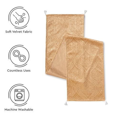 Image of Encasa XO 4 to 6 Seater Dining Embossed Velvet Table Runner | Size 32x183 cm | Gold Color with Premium Polyester - Machine Washable