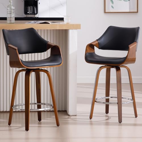 Image of HNY 26'' Modern Barrel Swivel Counter Stools Counter Height Swivel Bar Stools with Backs Set of 2, Black Faux Leather Bar Height stools, Farmhouse Solid Wood Barstools for Kitchen Island, Home Bar