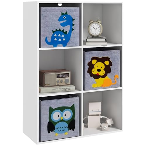 ZONEKIZ Estantería para Juguetes Infantil Librería para Niños de +3 Años con 6 Compartimientos de Almacenaje y 3 Cajones de Tela no Tejida con Imagen de Animales 61,8x29,9x91,5 cm Blanco y Gris