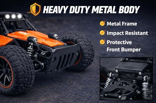 Image of TEC TAVAKKAL Premium RC Metal Off-Road Car with Mist Spray | Rechargeable 2WD | 20 km /h Speed | Type-C Charging | Gun Remote | 150+ Feet Range (Orange)