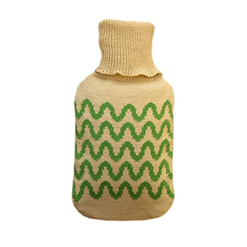 Wärmflasche, 100 % Merinowolle, gestrickt, Gummi, Beige / Grün Cover