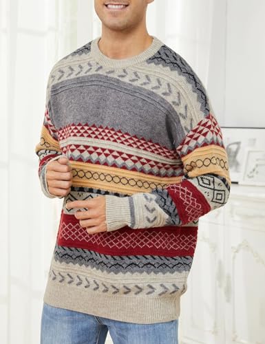 Arssm Mens Vintage Sweater Grandpa Oversized Cable Knit Crewneck Pullovers Casual Long Sleeve Striped Sweater(Red-M)2