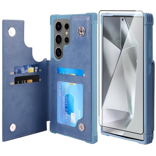 Étui portefeuille Galaxy S24 Ultra bleu anti-rayures avec porte-carte intégré
