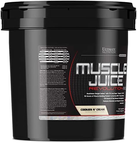 Ultimate Nutrition Muscle Juice Revolution 2600 Weight Gainer, Intestinal Health, Muscle Recovery with Glutamine, Micellar Casein and Time Release Complex Carbohydrates, Cookies N Cream Powder, 11.1 Pounds 3 Ultimate Nutrition Muscle Juice Revolution 2600 Weight Gainer, Intestinal Health, Muscle Recovery with Glutamine, Micellar Casein and Time Release Complex Carbohydrates, Cookies N Cream Powder, 11.1 Pounds