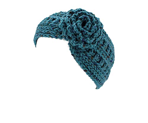 High Fashion Headband Ear Warmer, Earmuff | Teal Tweed with flower
