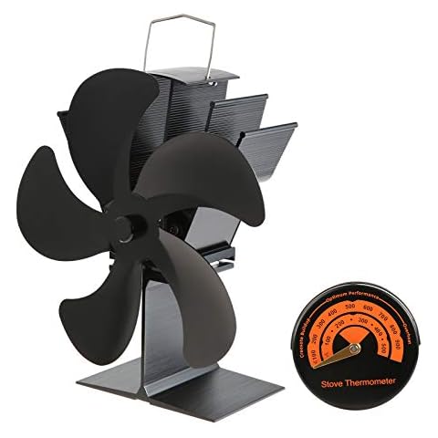Upgrade Wood burner Stove Fan 5 Blades, Silent Log Burner Fan with Thermometer, Stove Top Fan, Heat Powered Fireplace Fan Eco Friendly Circulation for Wood/Log Burner/Fireplace Cover