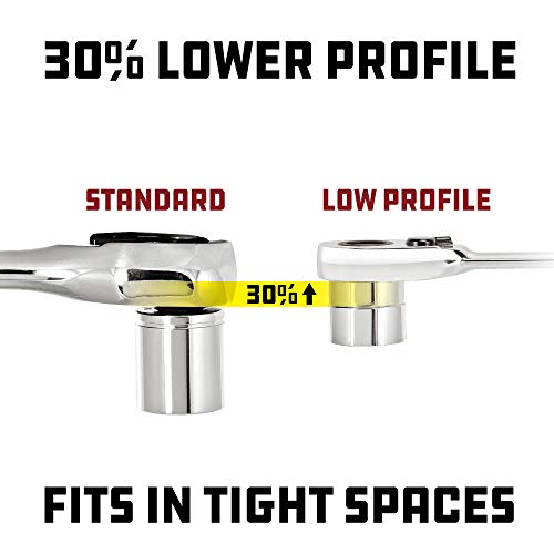 Powerbuilt Low Profile Ratchet, 3/8 Inch Drive, Slim Design Tight Spaces, Quick Thumb Button Socket Release, 649975,Silver - Image 2