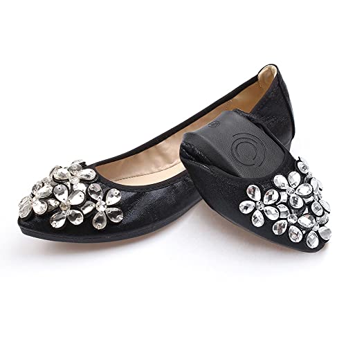 Aoikoy Women's Ballet Flats Foldable Casual Sparkly Rhinestone Wedding Ballerina Shoes Comfort Slip on Walking Flat Shoes, A1 Black, 4 UK