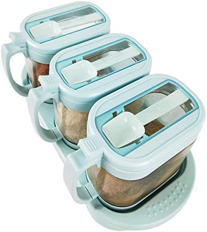 TENTA KITCHEN Glass Seasoning Box Set - 4 Serving Spoons - Non Slip Base - Luxurious Condiment Cruet Bottle Spice Jar Set - 10oz Each
