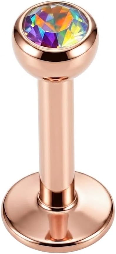 Rose Gold Anodized Surgical Steel 3mm Crystal Stone Ball Internally Threaded 16 Gauge Lip Labret - Tragus Bar Piercing - Labret Stud Helix - Tragus Piercing Jewelry