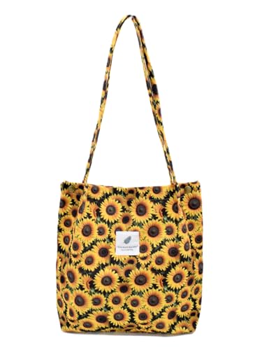 TeeYee Damen Handtasche Kord Shopper Cord Tote Bag für Bücher Reisen Alltag Schule Arbeit Einkaufstasche für Mädchen Sonnenblume