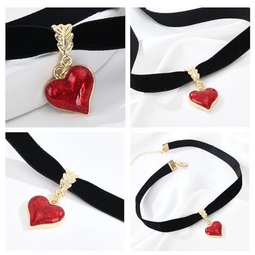 Moguri® Schwarze Halskette im Vintage-Stil für Damen, Samt-Tropfenöl, rotes Herz, schwarzes Halsband, Valentinstag Weihnachten Cosplay Party Schmuck, verstellbare Länge