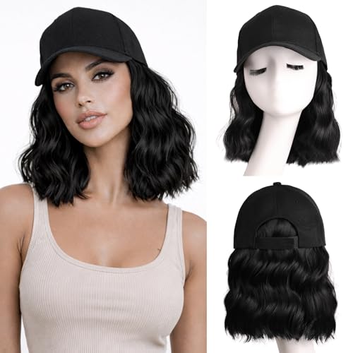 AISI QUEENS Hat Wig Hat with Hair Attached for Women Cap with Hair Attached for Women Baseball Cap Wig Extensions Short Wave Synthetic Adjustable for Daily Use（14inch）