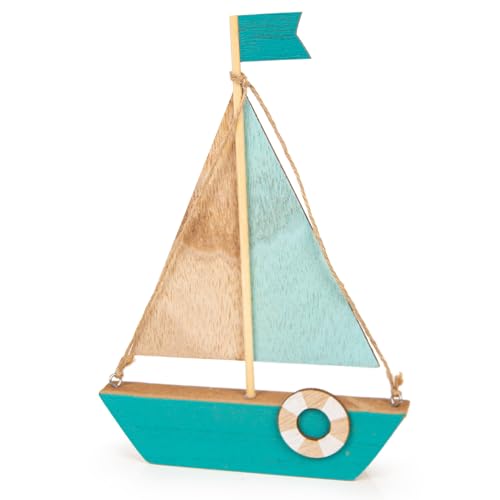 Logbuch-Verlag Barco de vela náutico decorativo de madera, color turquesa, natural, decoración mediterránea, 21 x 15 cm