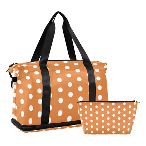 Polka Dots Orange White Gym Bag for Women Sport Travel Duffel Bag Shoulder Weekender Overnight Bags with Wet Pocket & Shoe Compartment