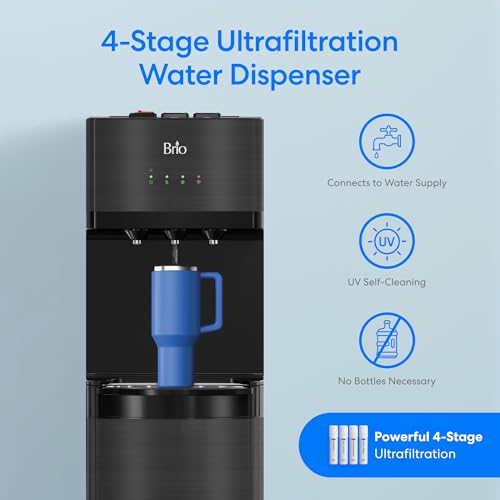 Image of Brio Bottleless Water Cooler Dispenser w / 4-Stage Filters (Included) removes PFAS & Microplastics for Clean Drinking Water, NSF Certified | 3 Temp (Hot, Room, Cold) w /Child Safety Lock & LED Display