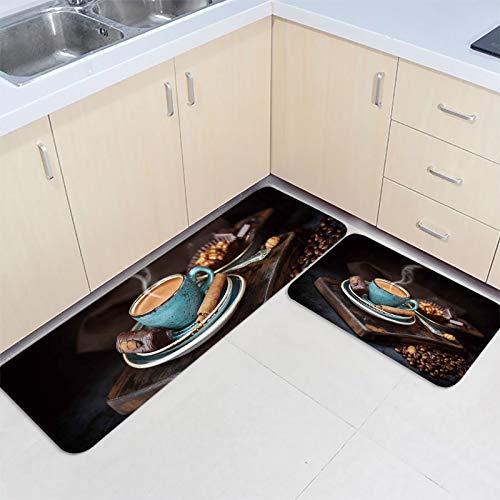 Brawvy 2 Pieces Kitchen Mat Rug Set Vintage Blue Coffee Cup with Coffee and Beans Non-Slip Soft Kitchen Mat Doormat Runner Carpet Set for Home Laundry