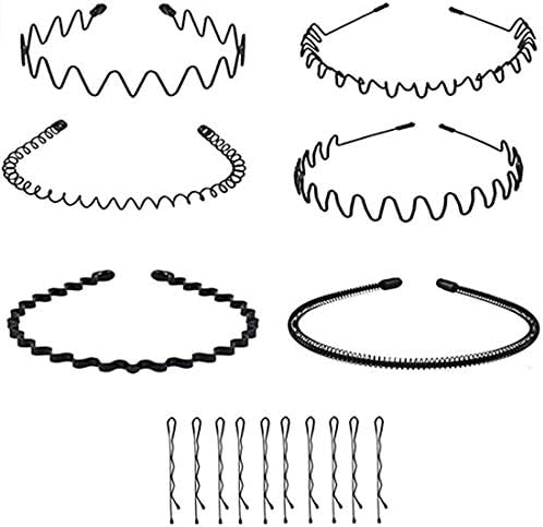 Metal Hair Hoop, DELFINO 6 PCS Spring Wave Multi-Style Hairband Flexible Headband Accessory 10 Pieces Metal Bobby Pin Non Slip Wide Headwear for Women Men