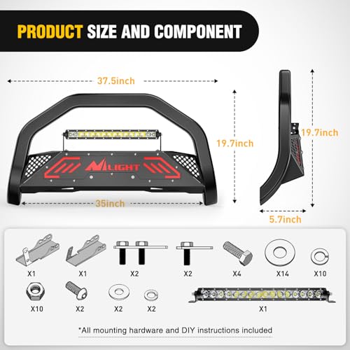 Image of Nilight Bull Bar with Light fits 2007-2018 Chevy Silverado GMC Sierra 1500, 2007-2020 Chevy Tahoe Suburban&Yukon /Yukon XL Front Bumper Grille Brush Push Guard with Skid Plate Licence Plate Hole Black