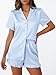 LILLUSORY Womens Satin Silk Pajamas Set 2 Piece Ruffle Pjs Winter Matching Lounge Sleepwear Button Down Striped Shirt Shorts StripedBlue M