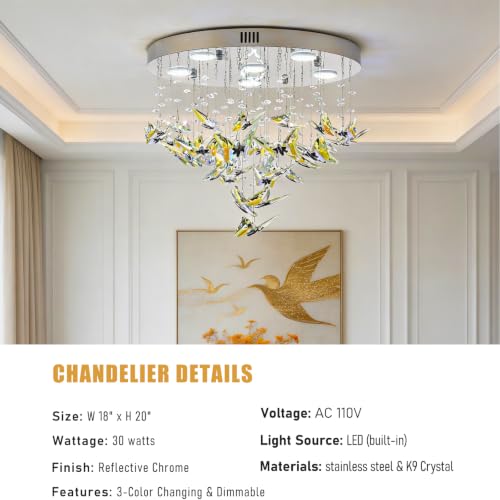 18 inch Modern LED Crystal Ceiling Light, Flush Mount Crystal Chandelier with Remote and APP Control, 3CCT Dimmable, Elegant Butterfly Ceiling Chandeliers for Dining Room Bedroom Foyer Living Room by OSGNER - Used condition - Image 2